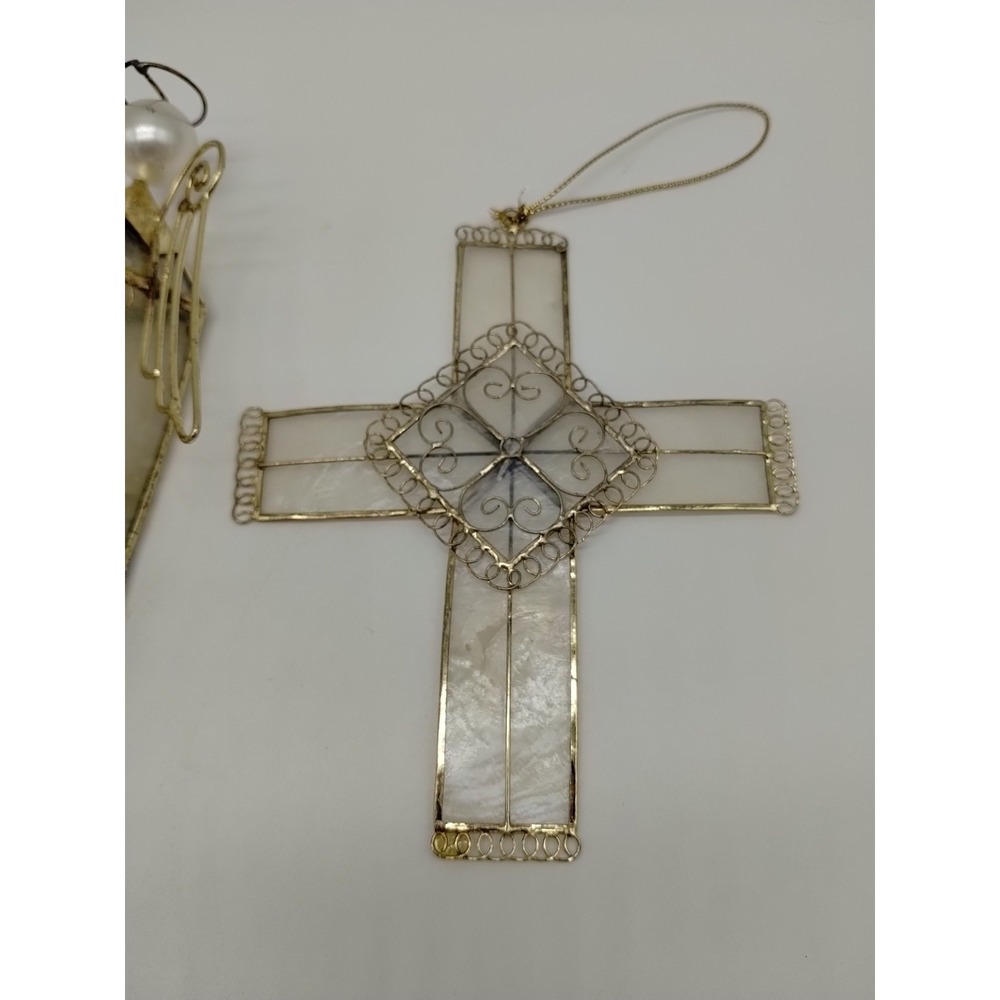 Set Of 3 Stain Glass Look Christmas Ornaments Angel Cross Made From Shell? - Picture 4 of 14